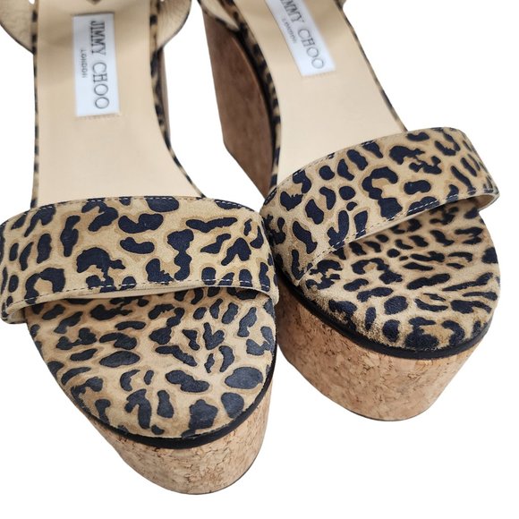 JIMMY CHOO Suede Leather Trim Wedge Heels Sandals Animal Print Light Brown 40 - Picture 8 of 10